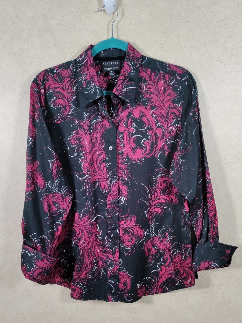 H137 Foxcroft Black Shirt with Pink Baroque Print